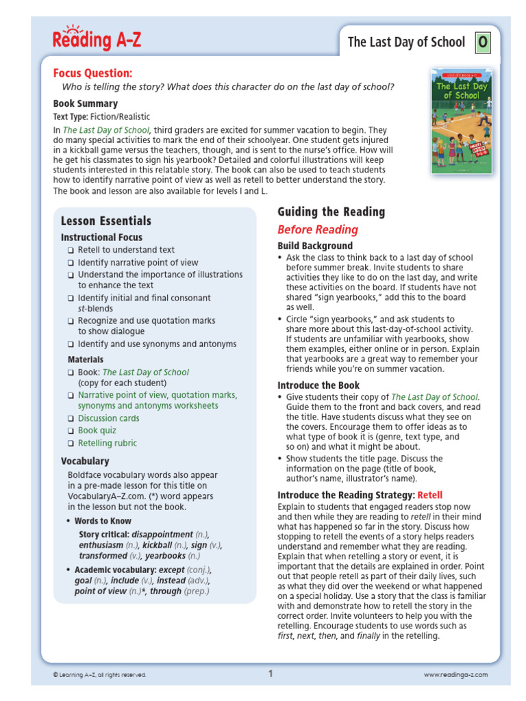 Raz Lo24 Lastdayofschool LBLP | PDF | Narration | Reading Comprehension
