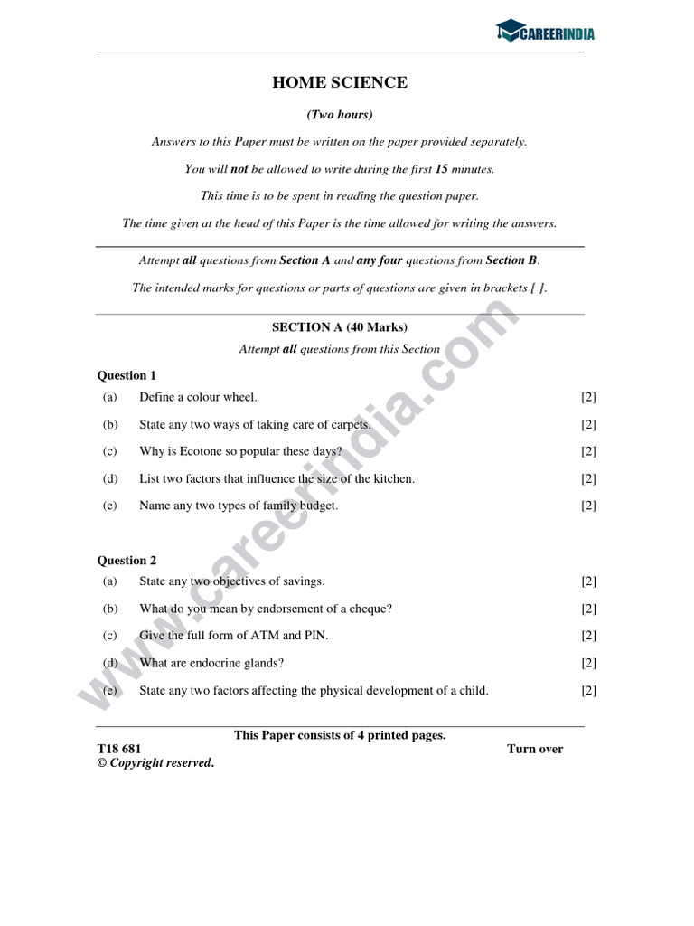 ICSE Home Science Question Paper - 2018 | PDF