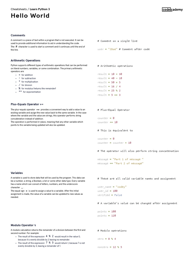 Learn Python 3 - Hello World Cheatsheet - Codecademy | PDF | Parameter ...