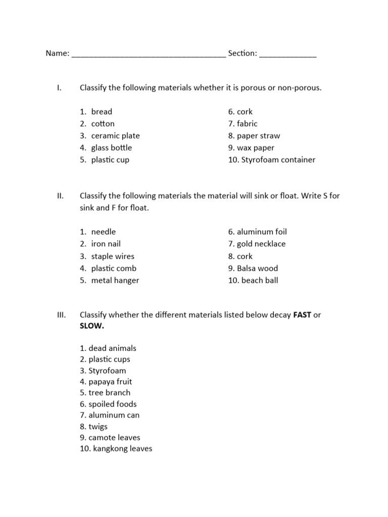 Material Classification Worksheet | PDF