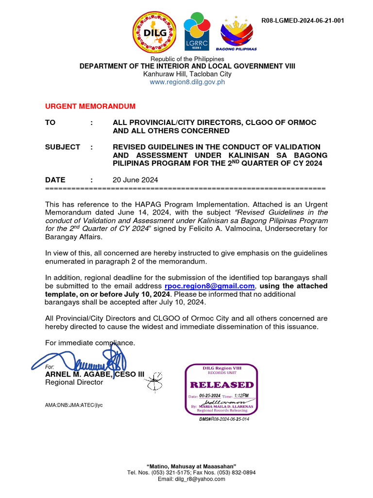 Urgent Memorandum: Department of The Interior and Local Government Viii ...