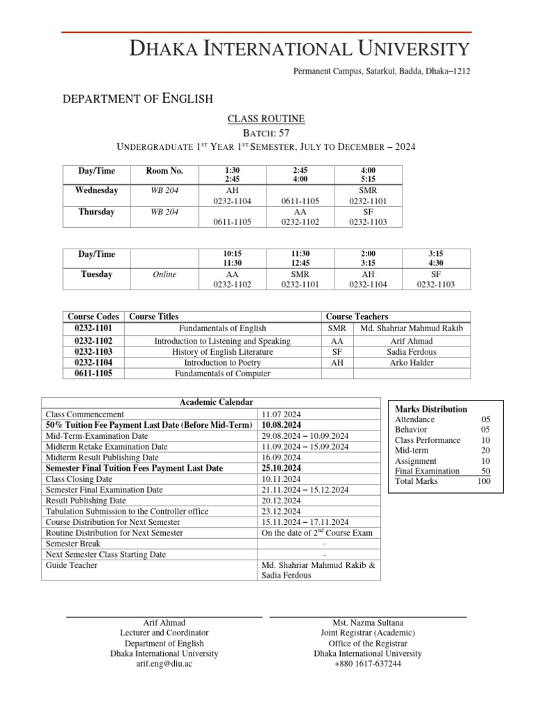 Dhaka International University Class Routine | PDF | Academic Term ...