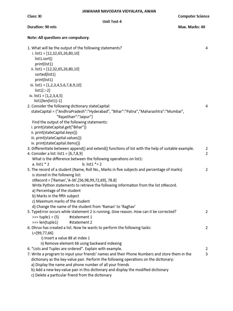 Class XI Computer Science Unit Test 4 | PDF | Parameter (Computer ...