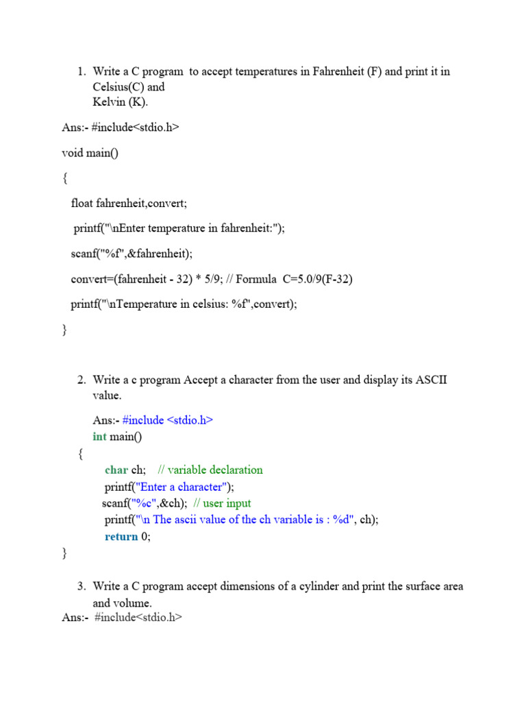 C Programs for Basic Calculations | PDF | Area | Fahrenheit