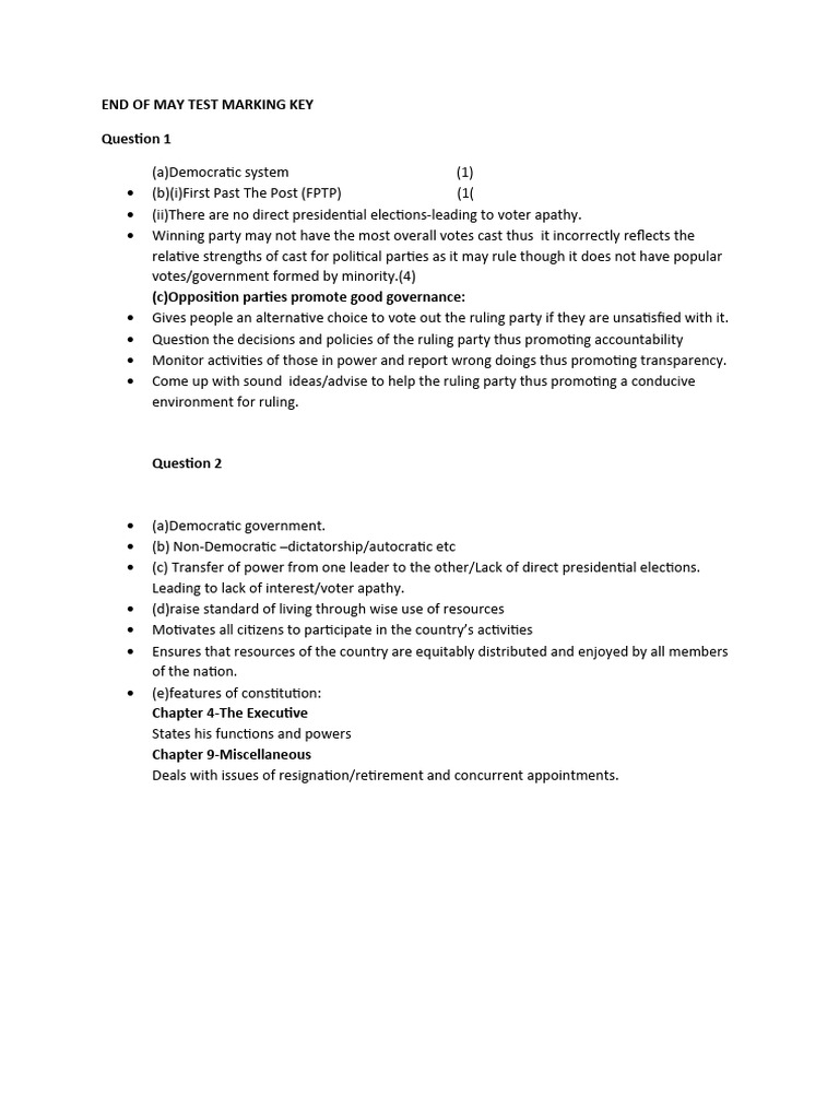 May Test Marking Key: Democracy Insights | PDF | Political Parties ...