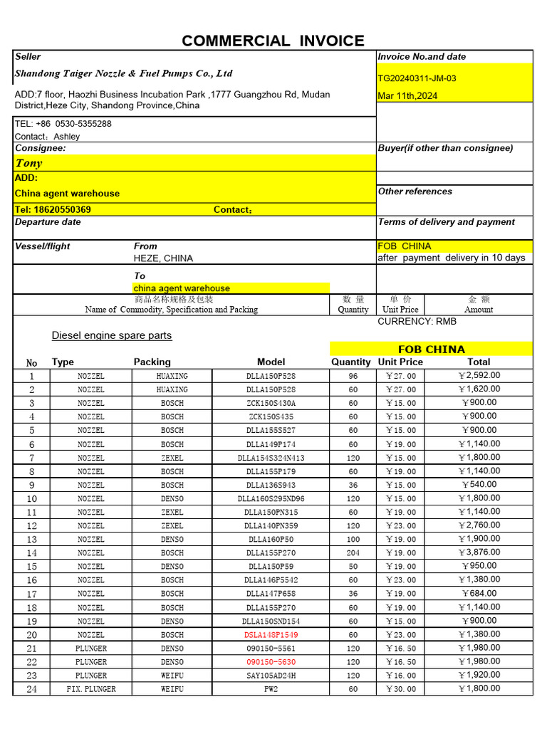 Diesel Engine Parts Invoice | PDF | Nozzle | Engines