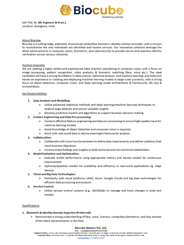 Sr. ML Engineer Job at Biocube | PDF | Machine Learning | Computer Vision