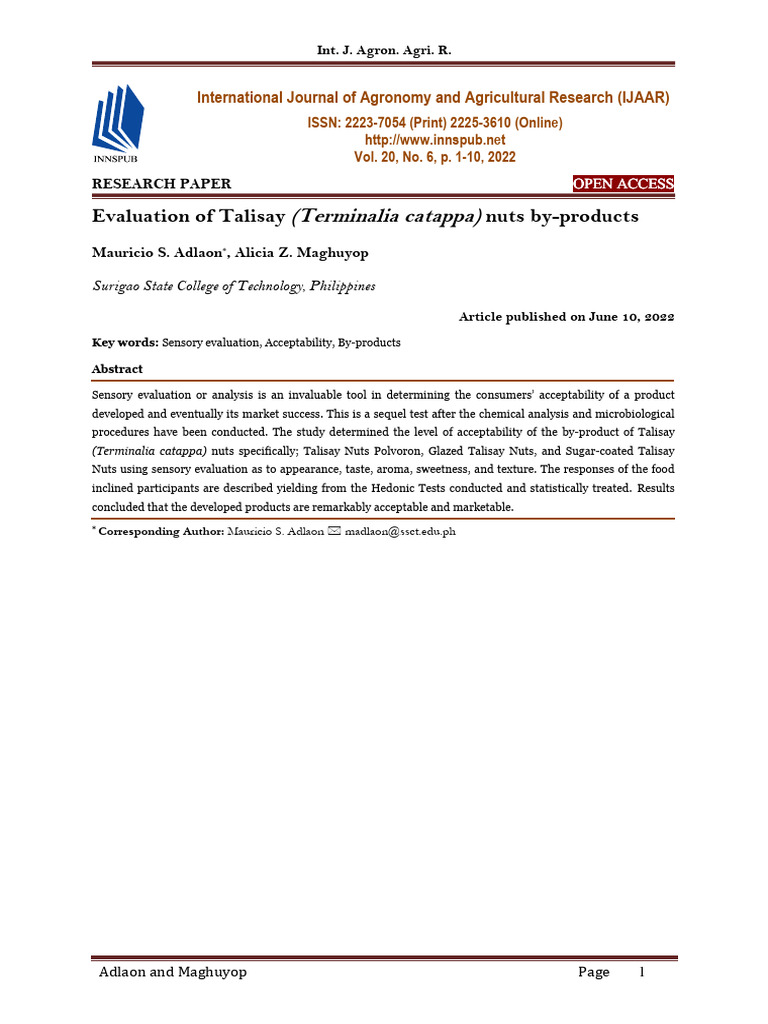 Acceptability of Talisay Nut By-products | PDF | Career & Growth | Wellness