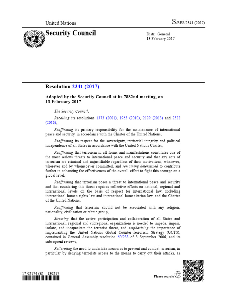UN Resolution 2341 on Terrorism and Infrastructure | PDF ...