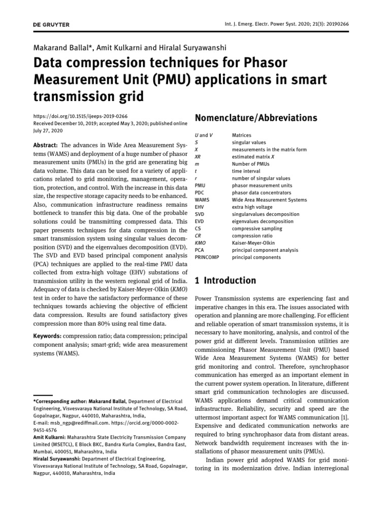 Data Compression for PMUs in Smart Grids | PDF | Principal Component ...