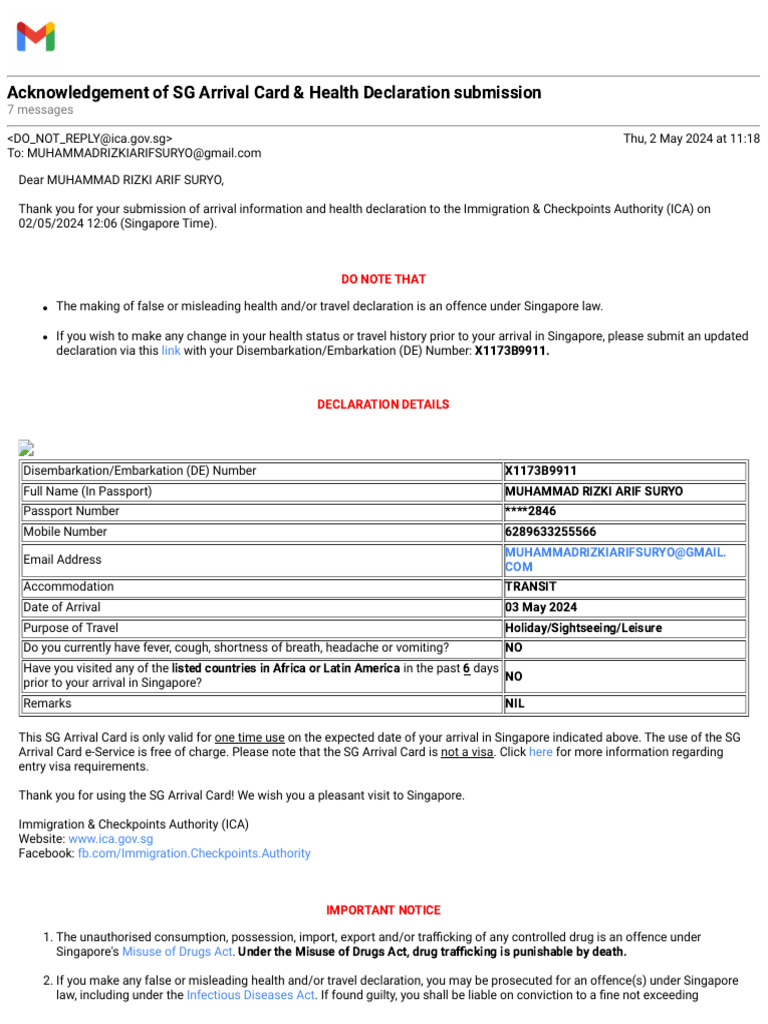 Acknowledgement of SG Arrival Card & Health Declaration Submission ...