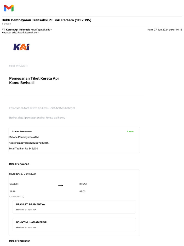 Gmail Bukti Pembayaran Transaksi PT. KAI Persero (1DI7D95) PDF