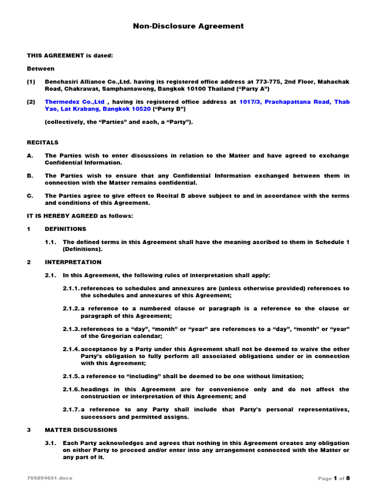 NDA Between Benchasiri and Thermedez | PDF | Non Disclosure Agreement ...