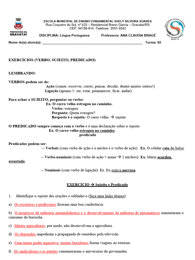 Exercicio sujeito e predicado 8o ano - gabarito | PDF | Assunto ...