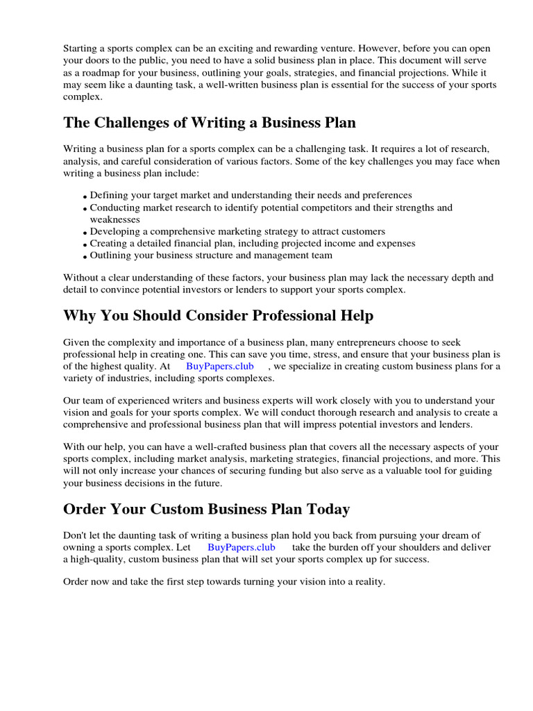 Sample Business Plan For Sports Complex PDF Business Plan Loans