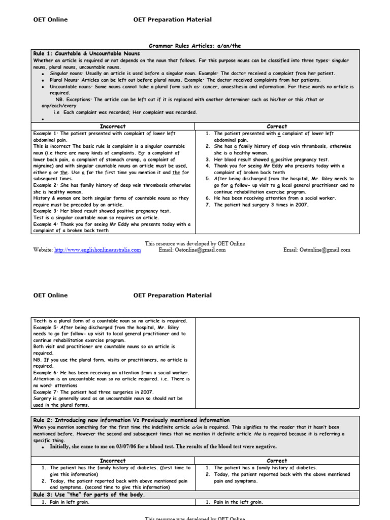 OET Grammar: Article Usage Rules | PDF | Noun | Grammatical Number