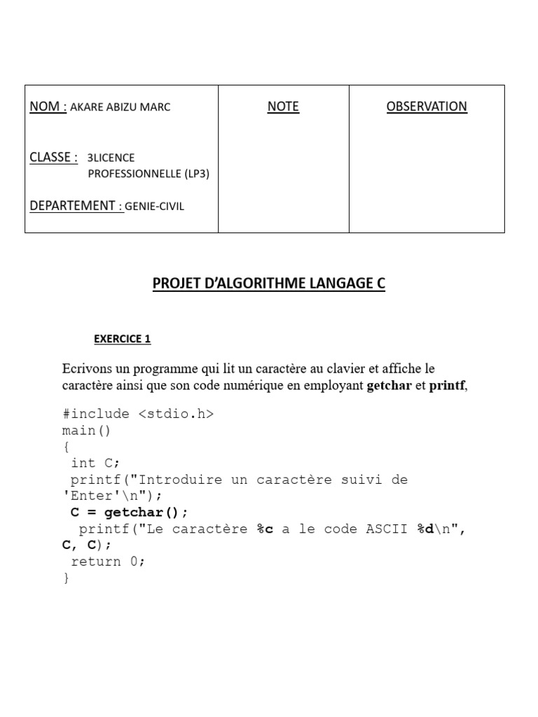 Algorithmes en C : Exercices pratiques | PDF | Programmation ...