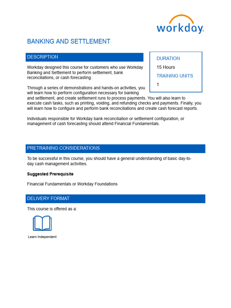 Workday Banking and Settlement Course | PDF | Banks | Cash