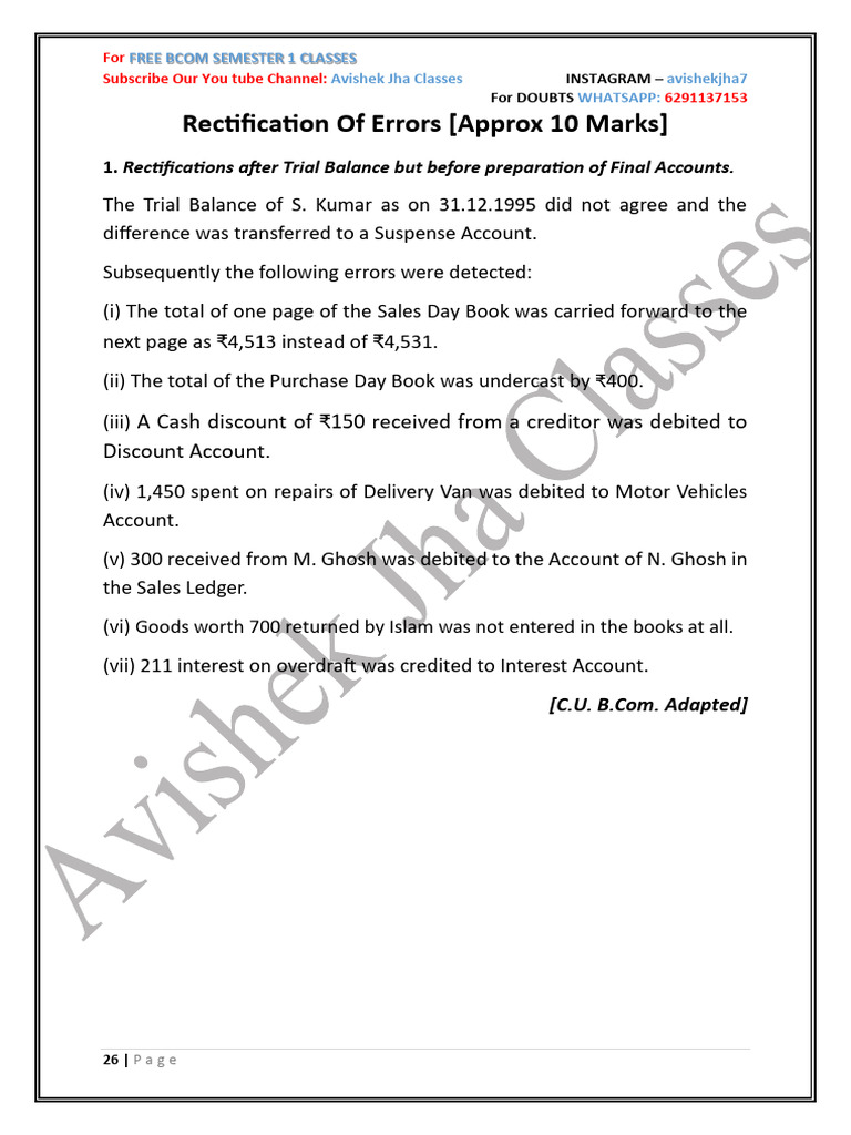 Rectification of Errors Practice Sums Sem - 1 | PDF | Debits And ...