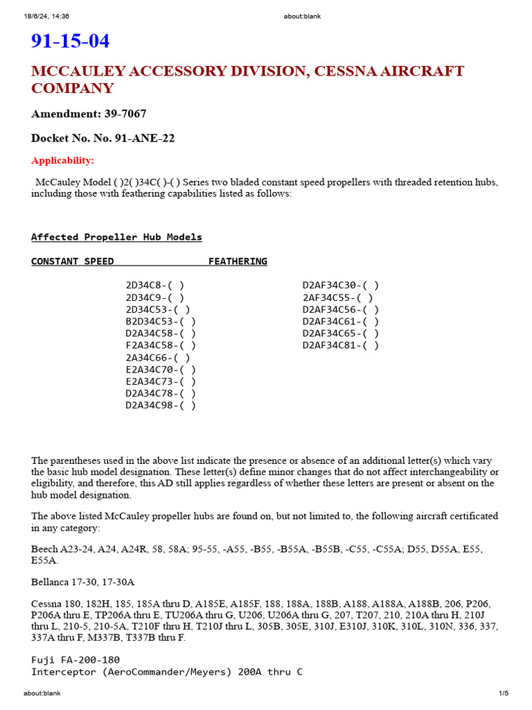 Ad91 15 04 | PDF | Federal Aviation Administration | Aircraft