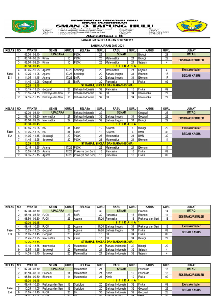 Jadwal Pelajaran Semester 2 2023-2024 | PDF