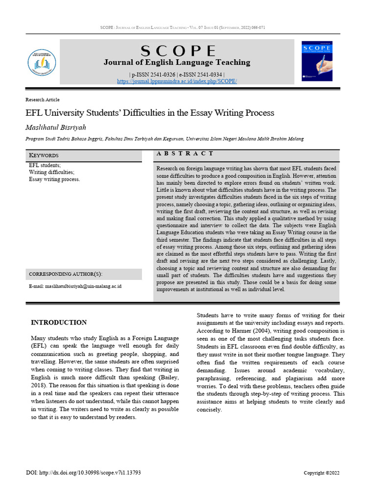 EFL University Students Difficulties in The Essay | PDF | English As A ...