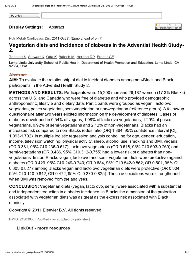 Vegetarian Diets and Incidence of ... (Nutr Metab Cardiovasc Dis | PDF ...
