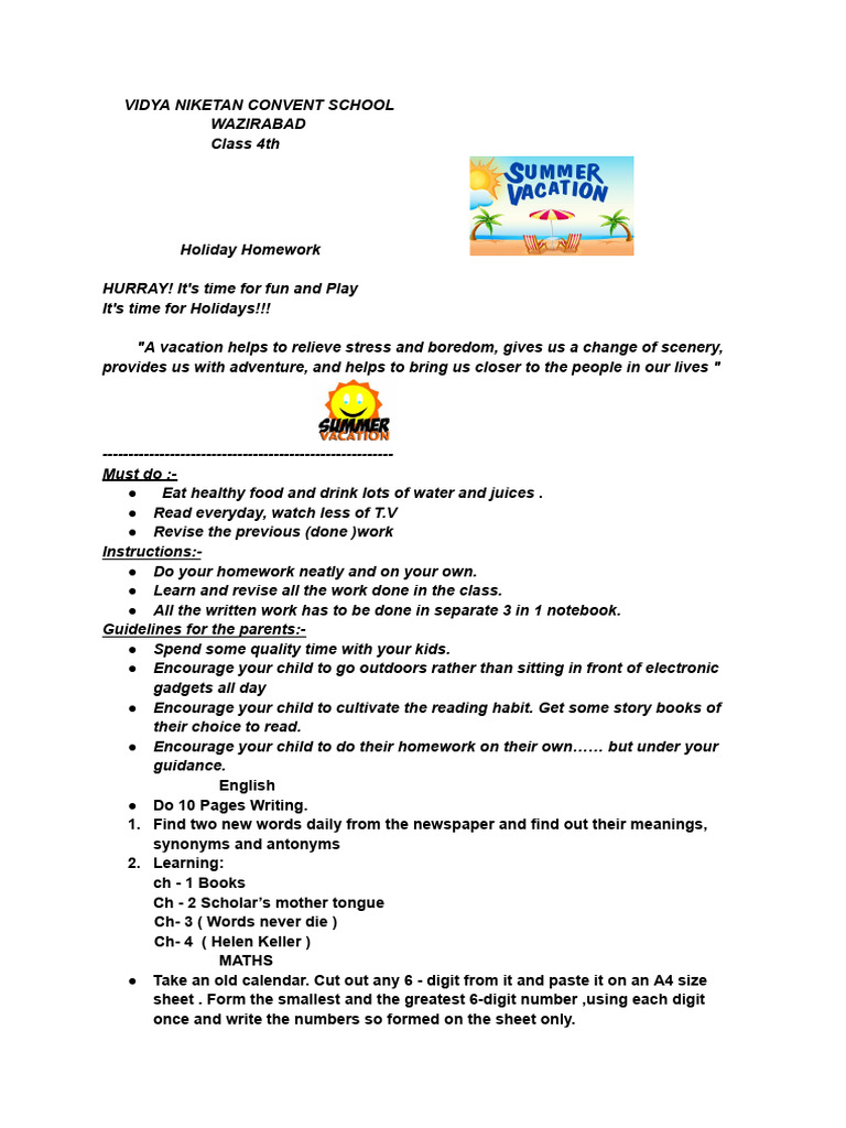 Class 4 Holiday Homework Guidelines | PDF