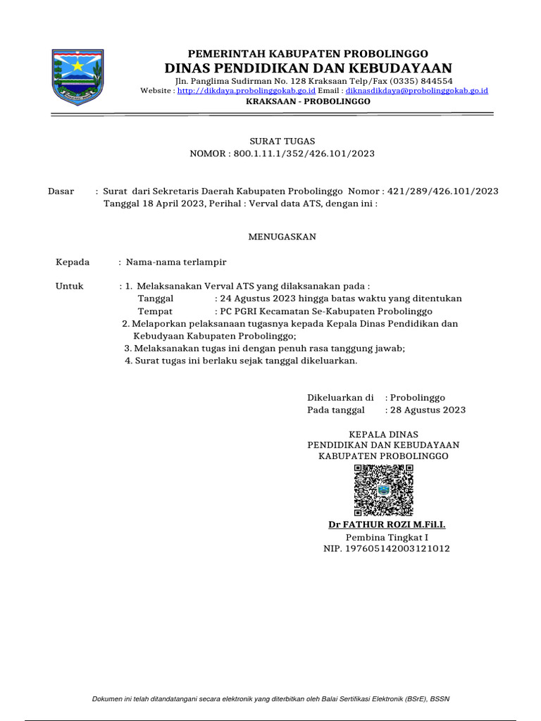 Surat Tugas Verval ATS Probolinggo | PDF