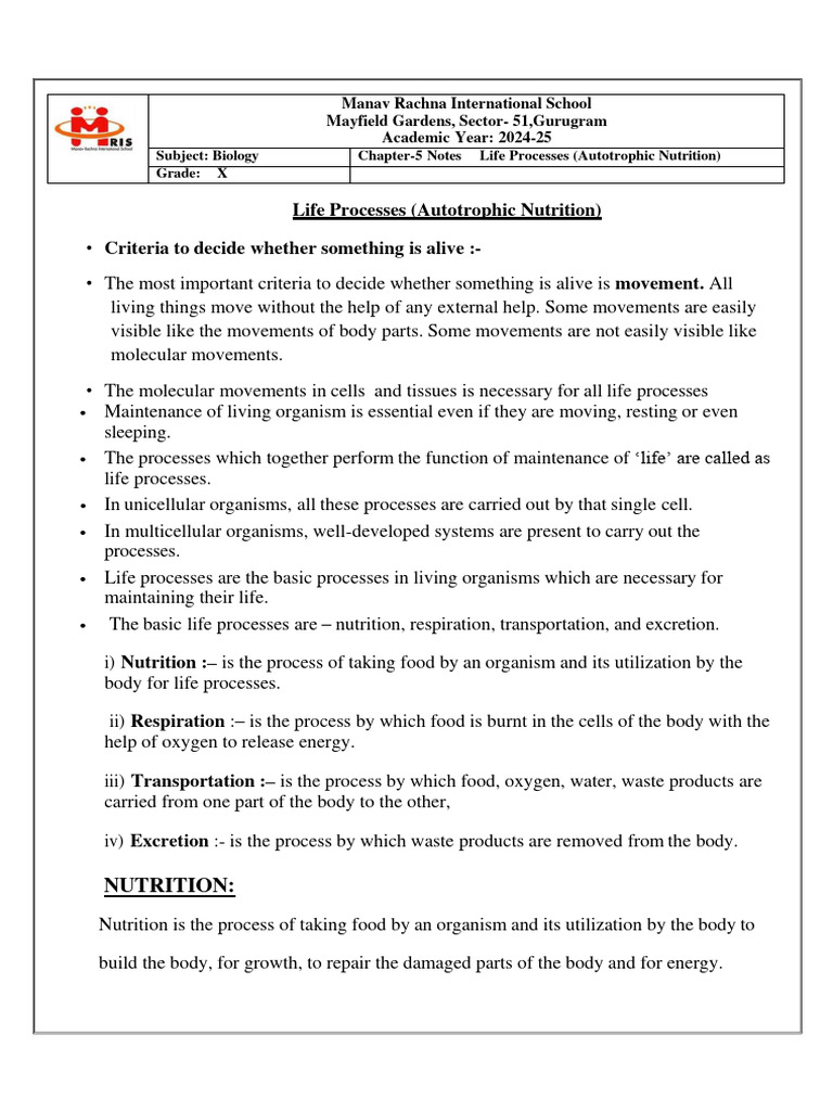 Biology Chapter-5 (Life Processes) -Notes-1 (1) | Download Free PDF ...