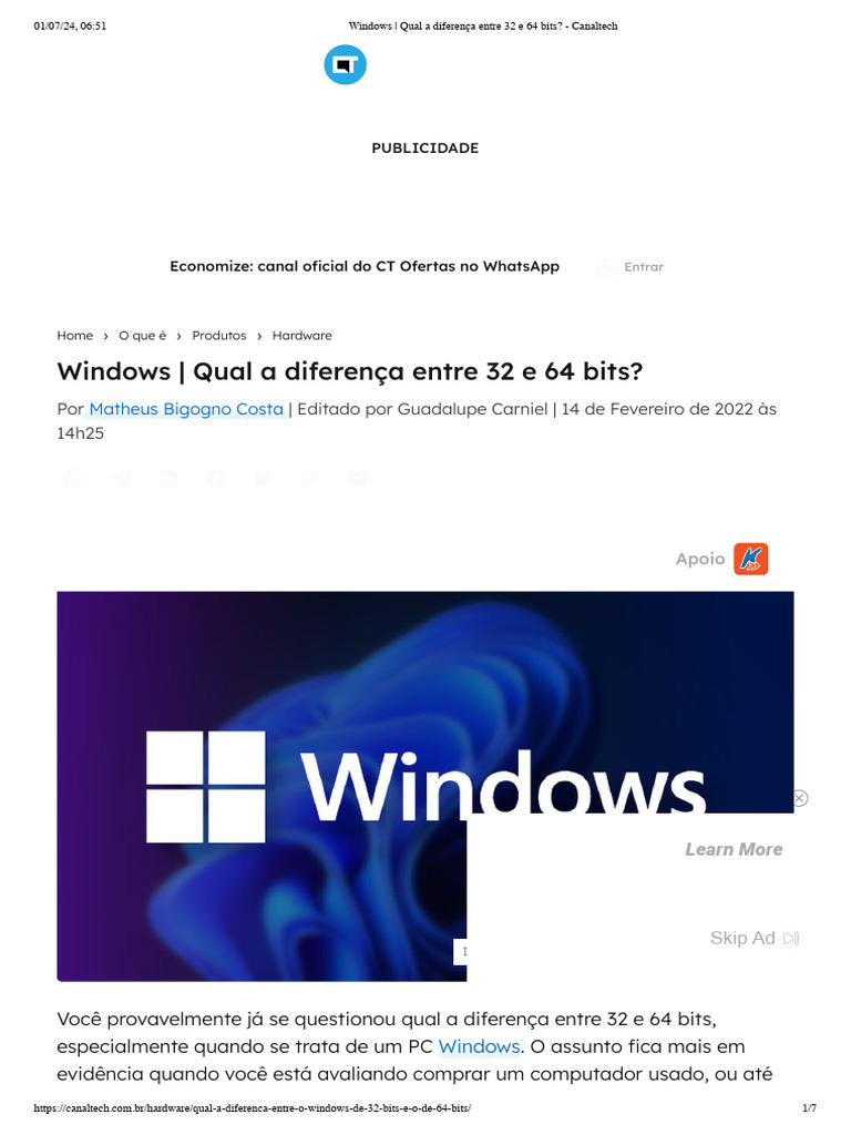 Diferença entre Windows 32 e 64 bits | PDF | Microsoft Windows | PCs ...