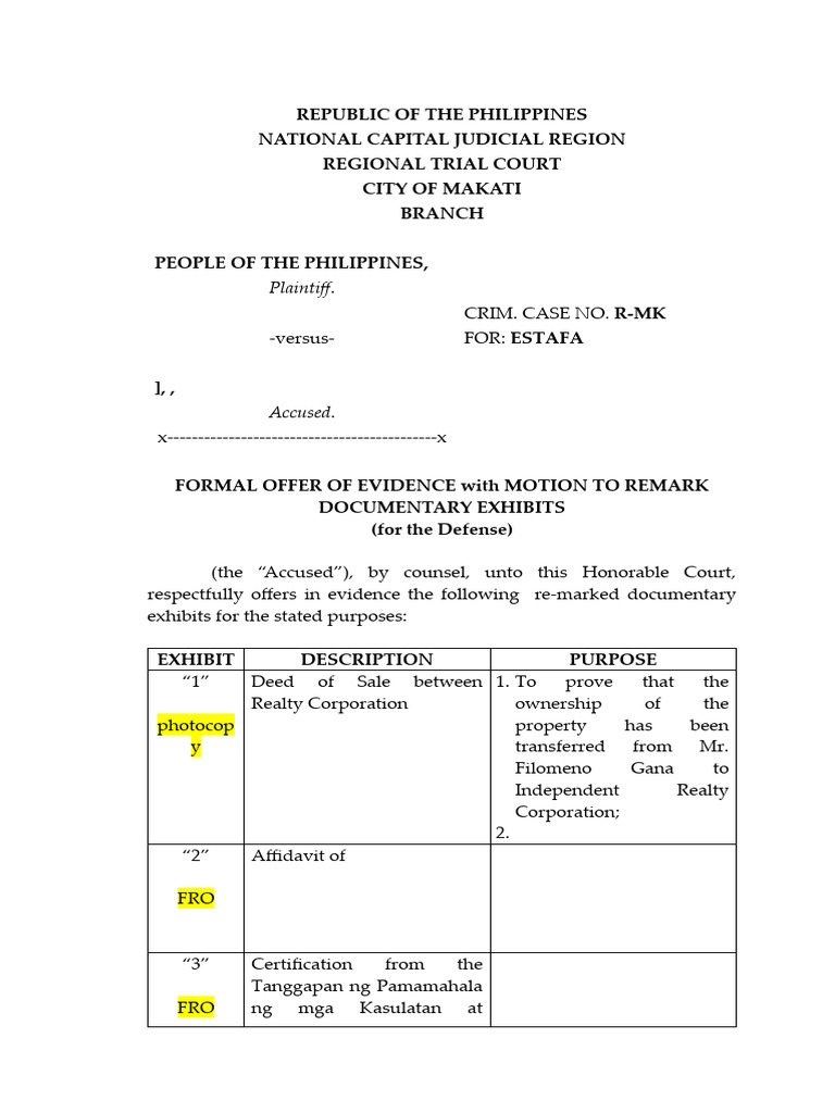 Formal Offer of Evidence in Estafa Case | PDF | Civil Law (Common Law ...