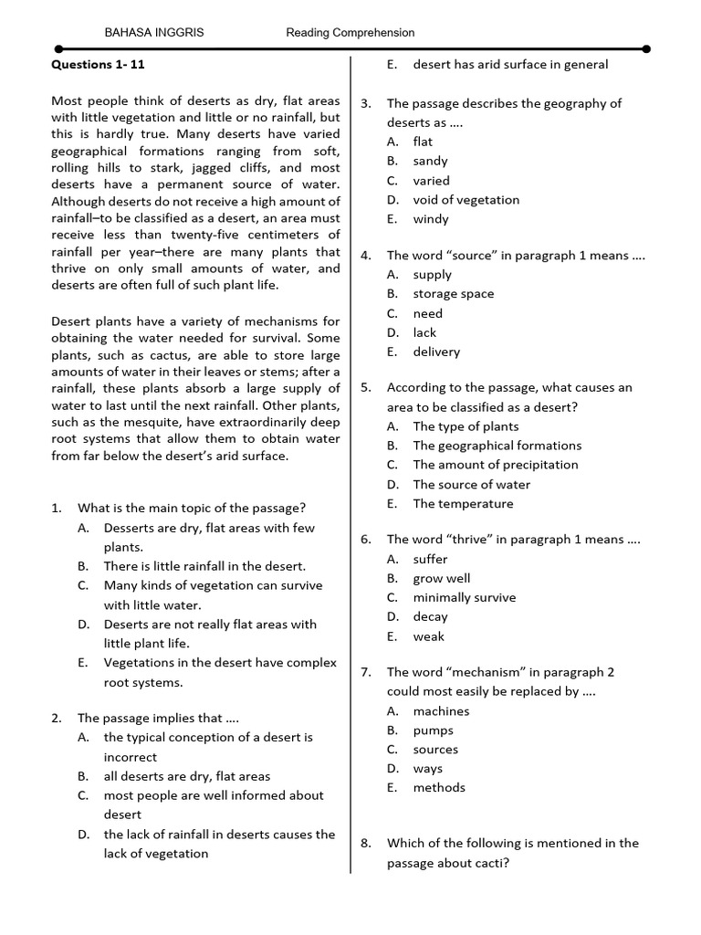 Questions 1-11: Bahasa Inggris Reading Comprehension | PDF | Desert ...