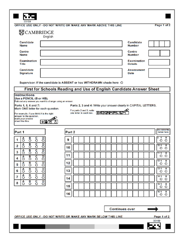 First For Schools Answer Sheets | PDF