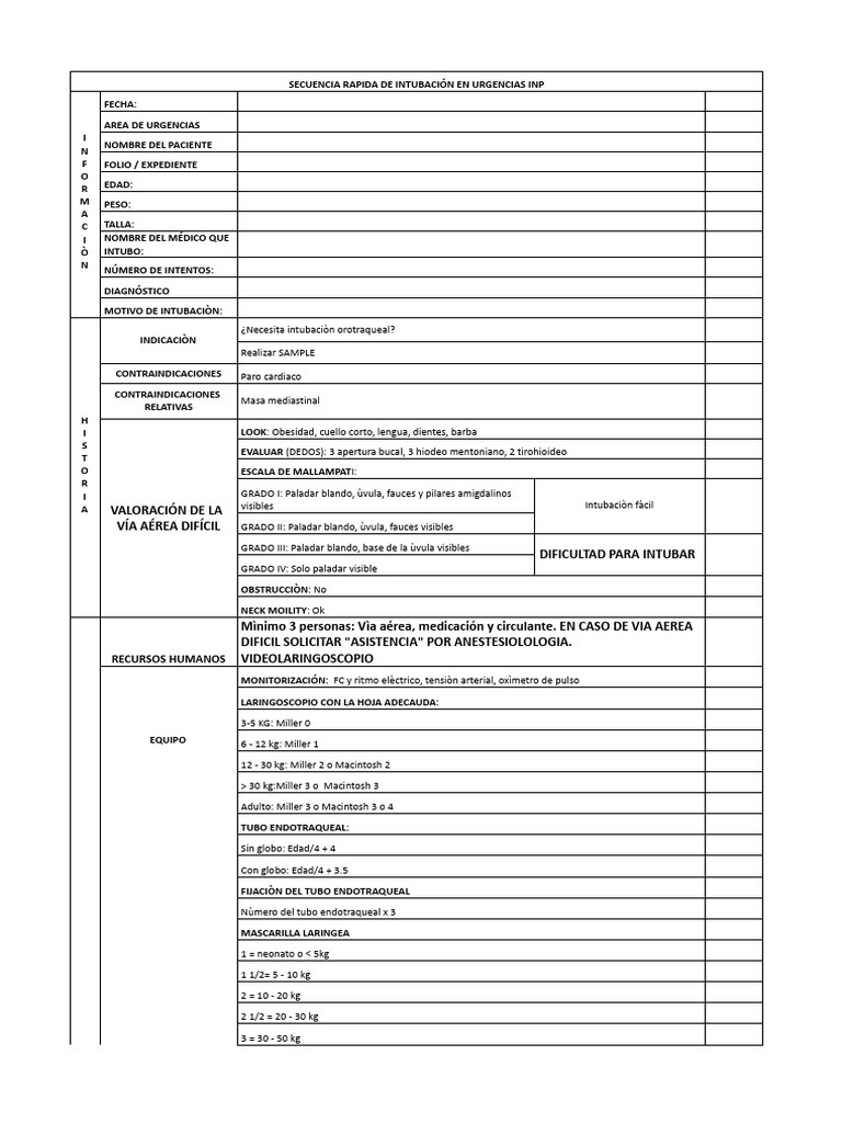 CHECKLIST PARA INTUBACIÓN - XLSX - Hoja1 | PDF | Medicina CLINICA ...