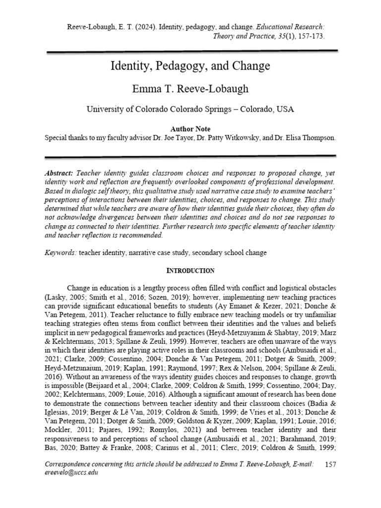 Teacher Identity and Pedagogical Change | PDF | Self Efficacy ...