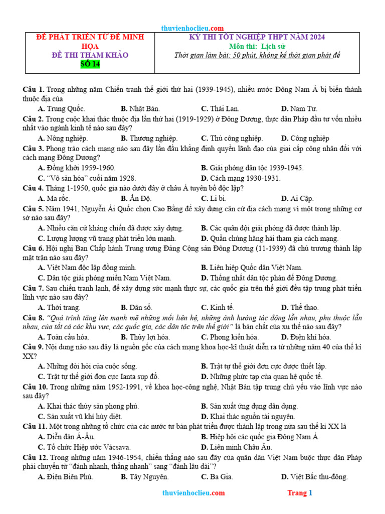 De Thi Thu TN THPT 2024 Lich Su Phat Trien Tu de Minh Hoa de 14 | PDF