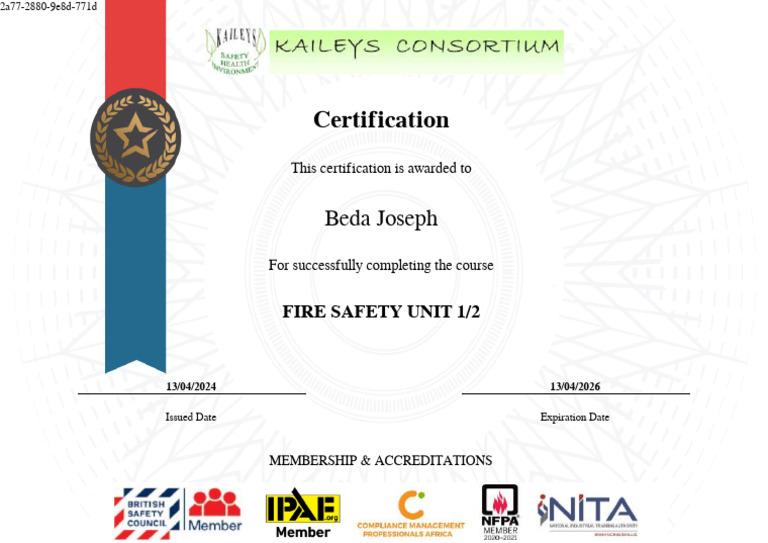 Fire Safety CertificateBeda Joseph 13.04.24 PDF
