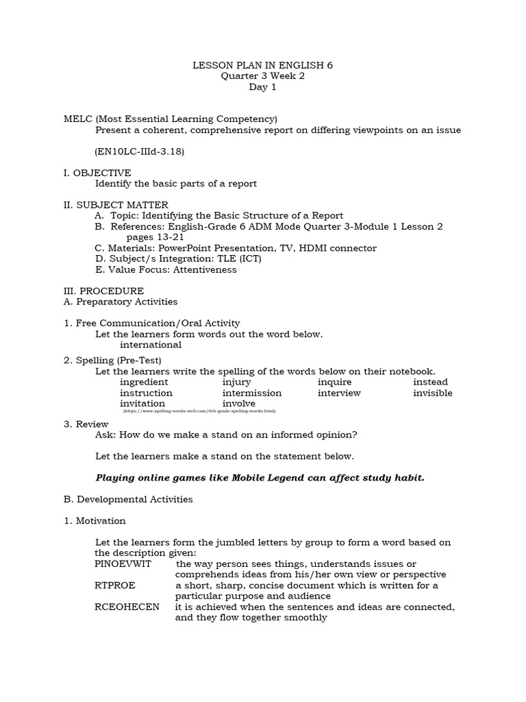 English 6 Lesson Plan: Report Structure | PDF | Learning | Cognitive ...