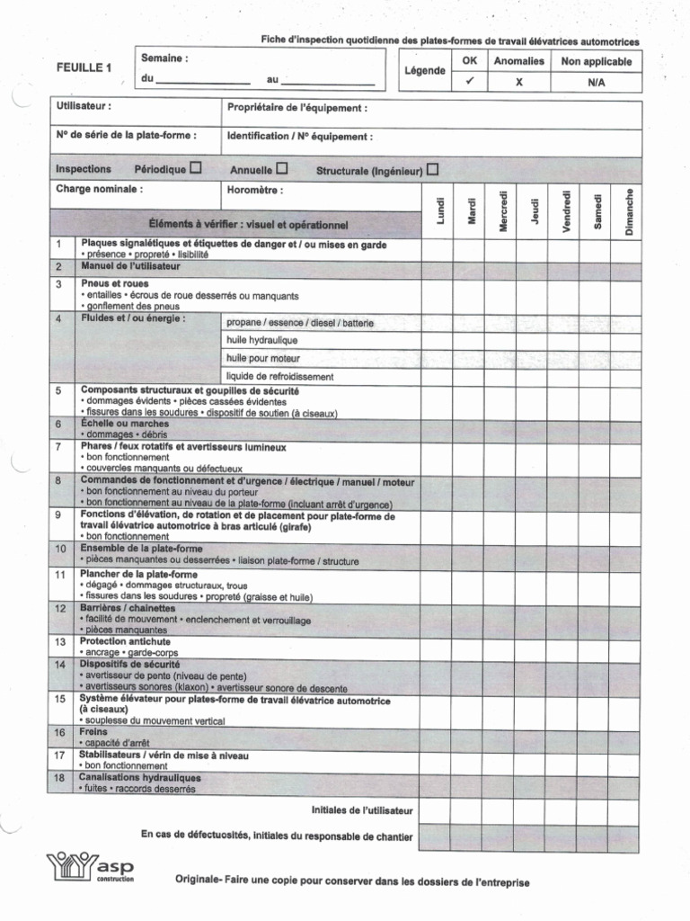 Fiche D'inspection Plateforme Élévatrice CFPML PDF — free download