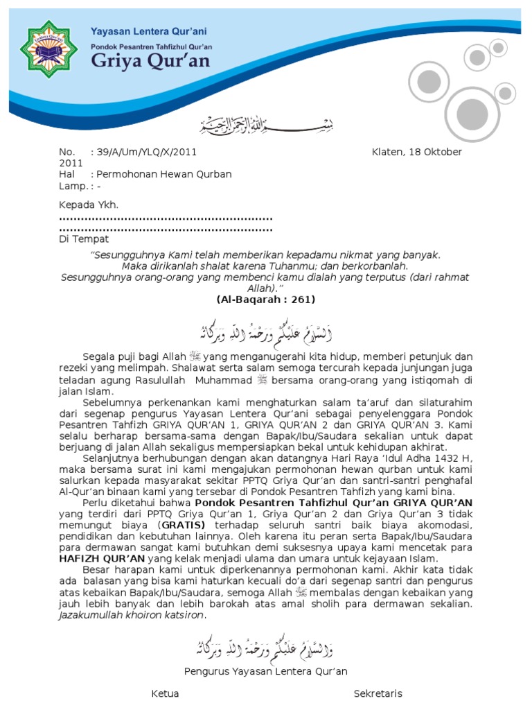 Contoh Surat Permohonan Qurban