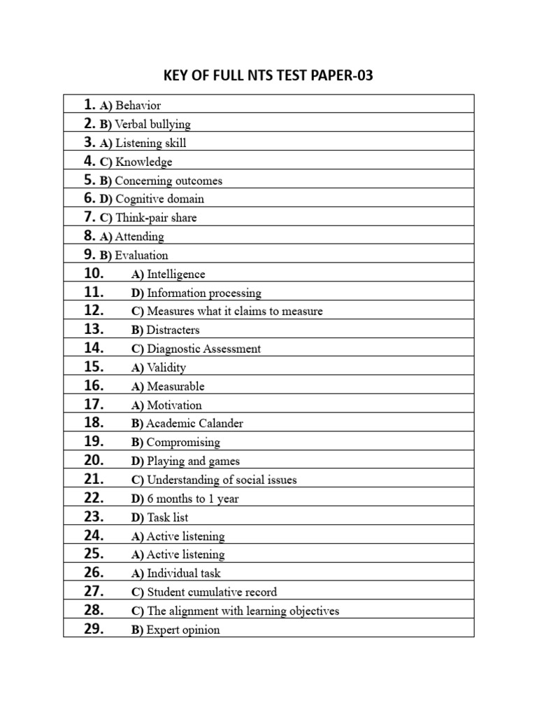 NTS Test Paper 03 Answer Key | PDF | Educational Assessment ...