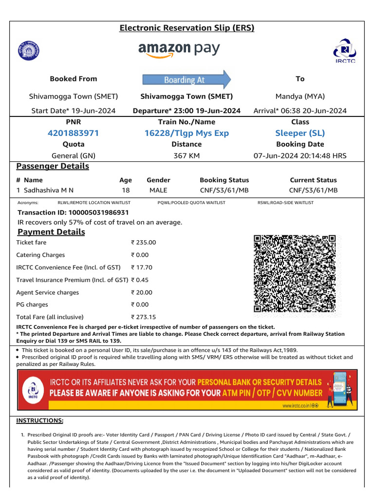 IRCTC Train Ticket Payment Summary | PDF | Identity Document | Ticket ...