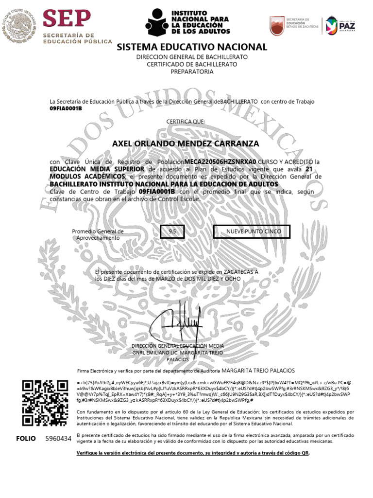 Certificado de Bachillerato SEP 2018 | PDF