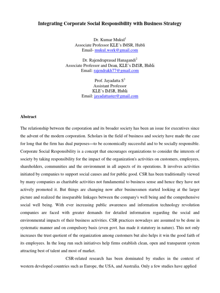 CSR Integration in Business Strategy | PDF | Corporate Social ...
