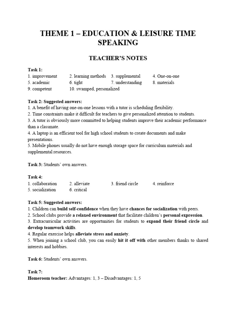 Theme 1 - Education - Speaking Key | PDF | Teachers | Collaboration