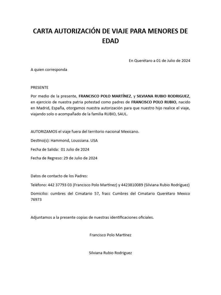 Autorización De Viaje Para Menores Pdf Ciencias Sociales Derecho