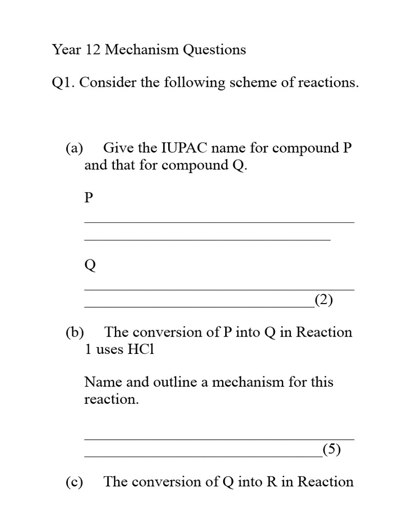 Year 12 Mechanism Chemistry Questions | PDF | Chemical Bond | Chemical ...