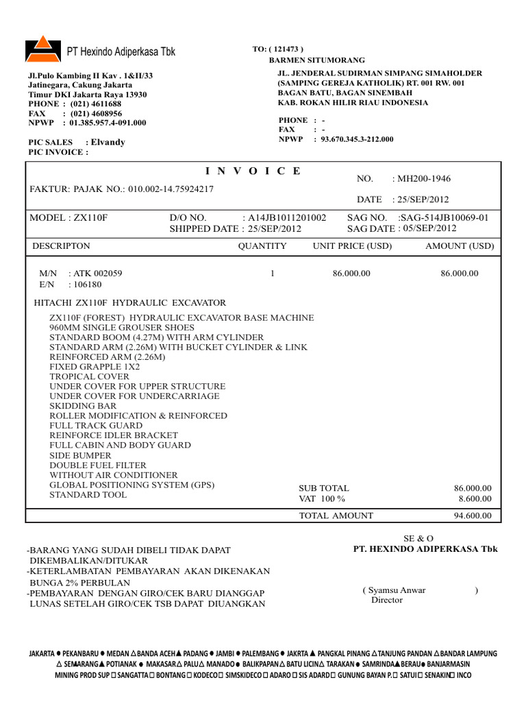 ZX110F Hydraulic Excavator Invoice | PDF