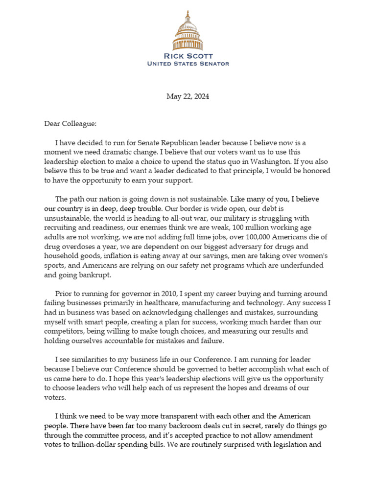 Letter From Senator Rick Scott | PDF | Republican Party (United States ...